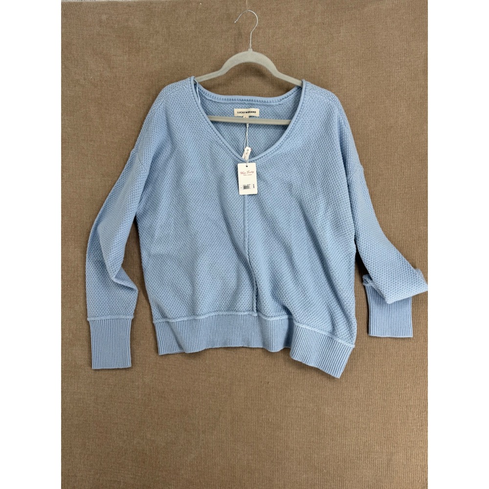 Lucky Brand Womens Light Blue Waffle Knit V-Neck Pullover Sweater Large NWT